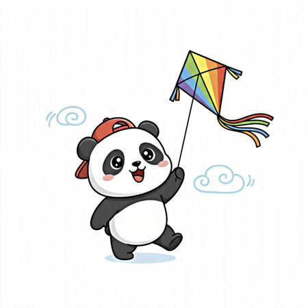 Cute panda with kite on white background. Vector illustration.の素材