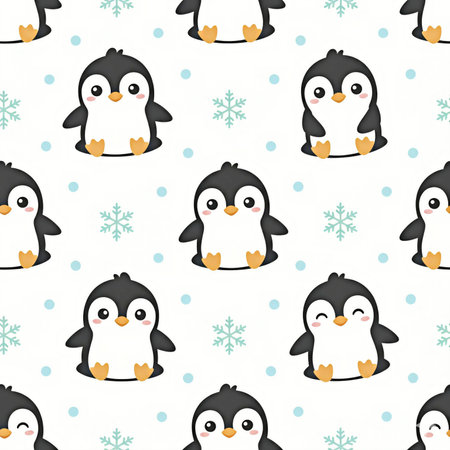 Seamless pattern with cute penguins and snowflakes. Vector illustration.の素材