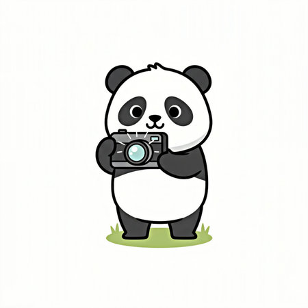 Cute panda with camera on the grass. Vector illustration.の素材