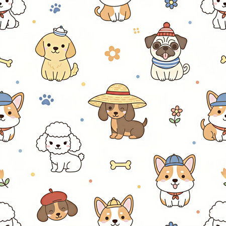 Seamless pattern with cute cartoon dogs in hats. Vector illustration.の素材
