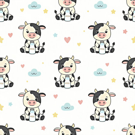 Seamless pattern with cute cartoon cow and milk. Vector illustration.の素材