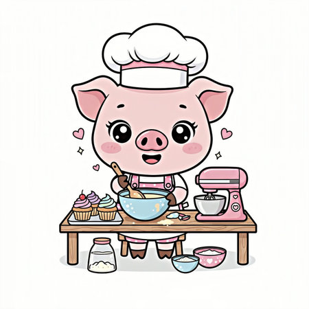 Cute pig chef with cupcake and teapot. Vector illustration.の素材