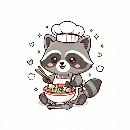 Raccoon chef with bowl of noodle. Vector illustration.の素材