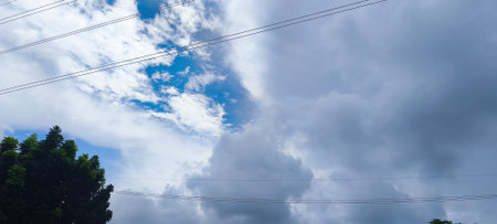 High voltage power pole with blue sky and white cloud, Panoramaの写真素材