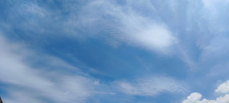 Blue sky background with tiny clouds. Panoramic image of blue sky.