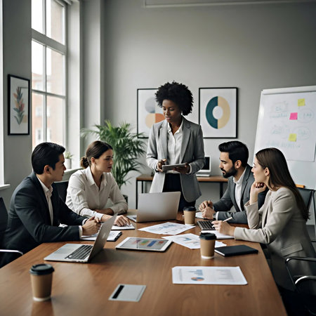 Business people working in modern office. Multiethnic group of businesspeople sitting at table and communicating.の素材