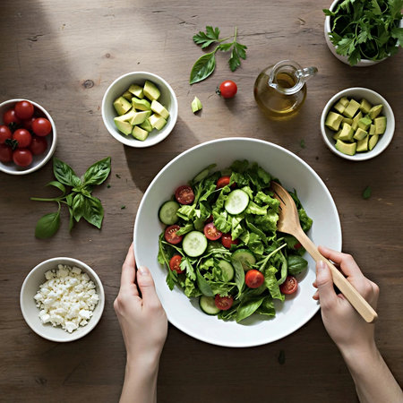 Fresh salad with tomatoes, cucumbers, avocado and herbs in bowl on wooden tableの素材