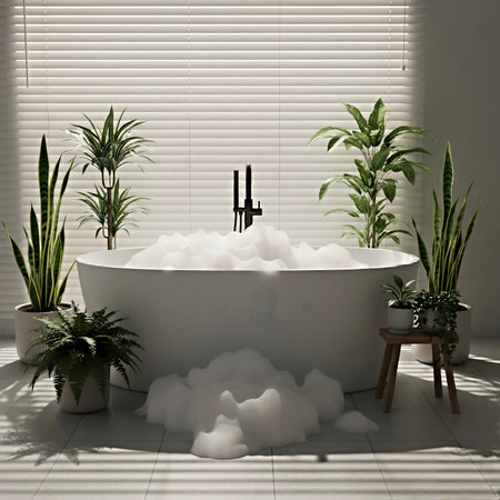 3D render of a bathtub in a modern bathroom with plantsの素材