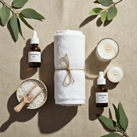 Set of spa products with eucalyptus leaves, sea salt, candles and towels on burlap backgroundの素材