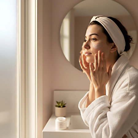 Young woman applying cream on her face in front of the mirror.の素材