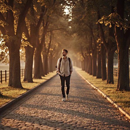 Young man jogging in the park at sunrise. Healthy lifestyle.の素材