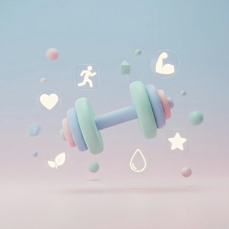 Fitness dumbbells and fitness icons on pastel background.の素材