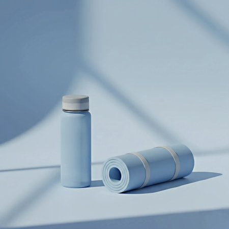 Blue yoga mat and bottle on a blue background. 3d renderingの素材
