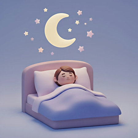 3d rendering of a boy sleeping in a bed with a crescent moonの素材