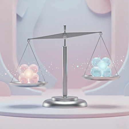3d rendering of a balance scale with crystal balls on it.の素材
