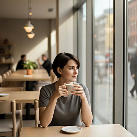 Portrait of beautiful young woman drinking coffee in cafe and looking awayの素材