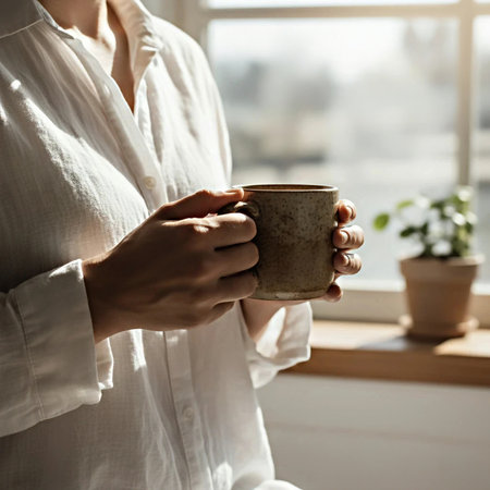 Cropped image of a woman holding a cup of coffee at homeの素材
