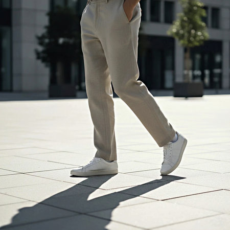 Low section of businesswoman in white pants and white sneakers walking on streetの素材