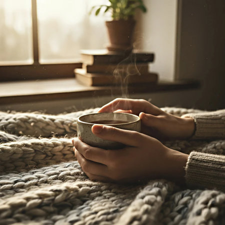 Female hands with cup of hot drink on the background of warm knitted blanket.の素材