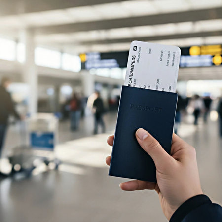 Woman hand holding passport and boarding pass at the airport. Travel conceptの素材