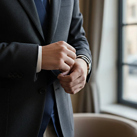 Close up of a business man wearing a suit and checking his watchの素材