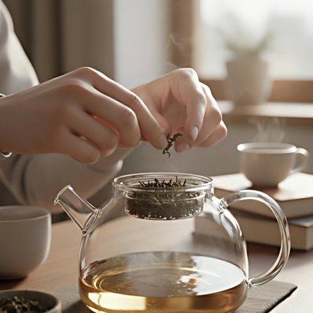 Woman pouring tea from teapot into cup on table, closeupの素材