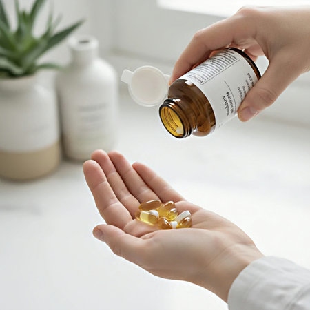Female hands holding a bottle of vitamin c pills on a white backgroundの素材