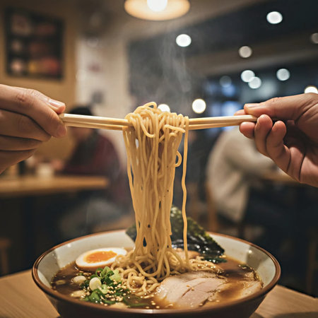 Japanese ramen noodle in a bowl with chopsticks on the tableの素材