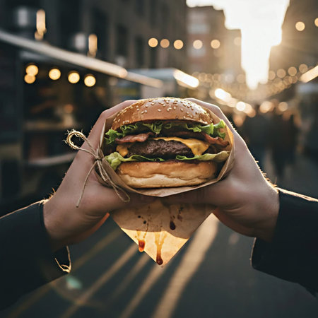 Hands holding a hamburger on a background of the street.の素材