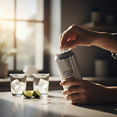 Pouring water into a can with lime and ice on the tableの素材