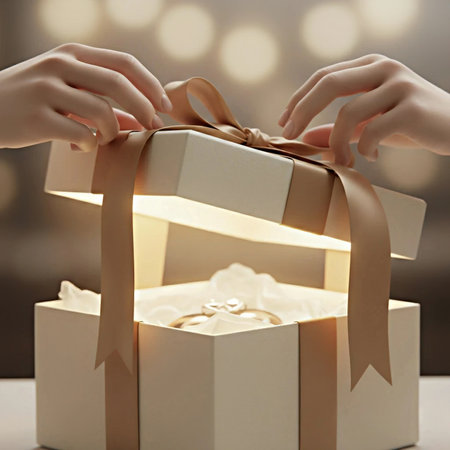 Female hands opening gift box with ribbon on blurred background, closeupの素材