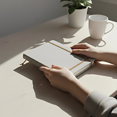 Female hands holding book on table in office. Mockup for designの素材