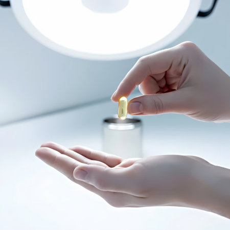 Close up of hand holding a pill in the laboratory. Medicine conceptの素材