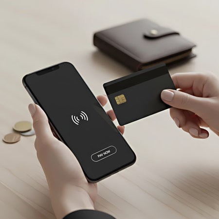 hands holding smart phone and credit card on wooden table, online shopping conceptの素材