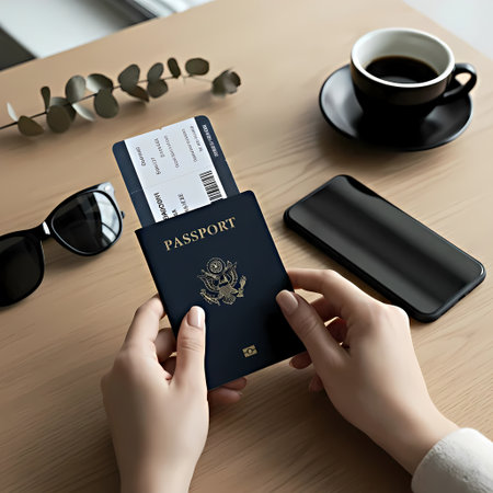 Woman holding a passport and boarding pass on the table. Travel conceptの素材