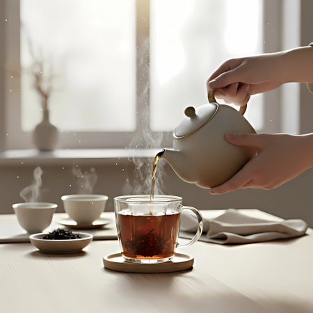 Pouring tea from teapot into cup on table at homeの素材