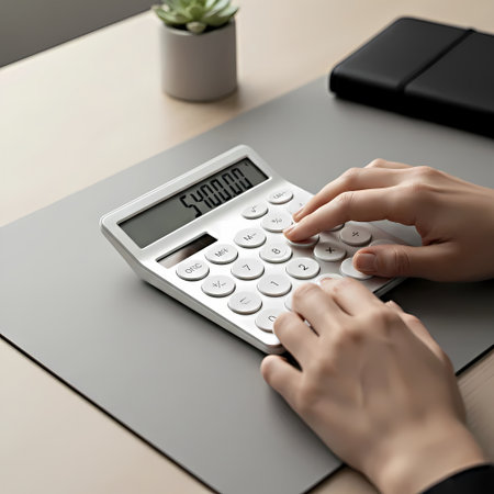 Female hands using calculator at table, closeup. Tax accounting conceptの素材