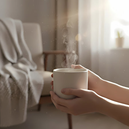 Woman with cup of hot drink at home, closeup. Cozy atmosphereの素材