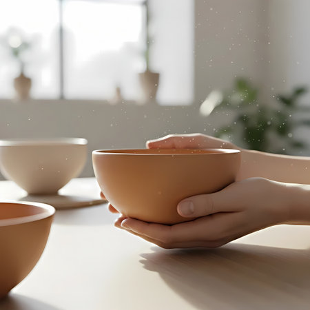 Female hands holding ceramic bowl on wooden table in kitchen, closeupの素材