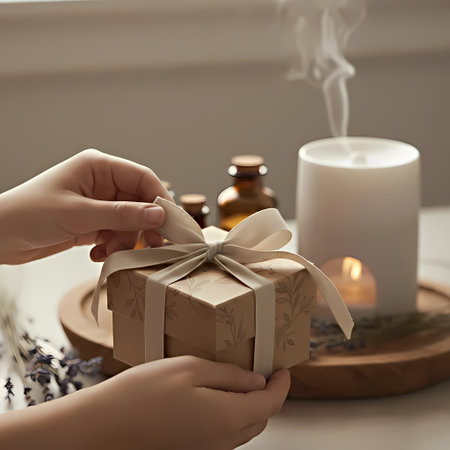 Female hands holding a gift box and a burning candle on the tableの素材