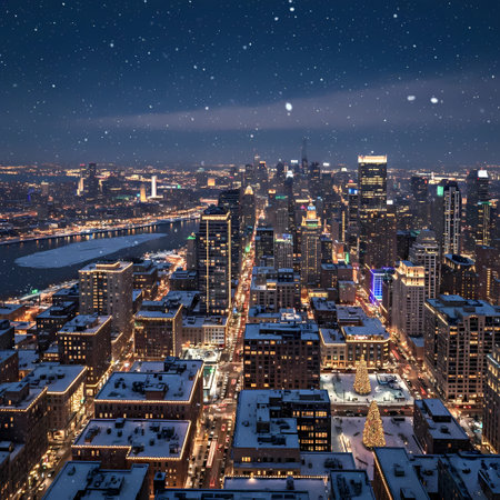 Aerial view of Boston skyline at night, Massachusetts, USA.の素材
