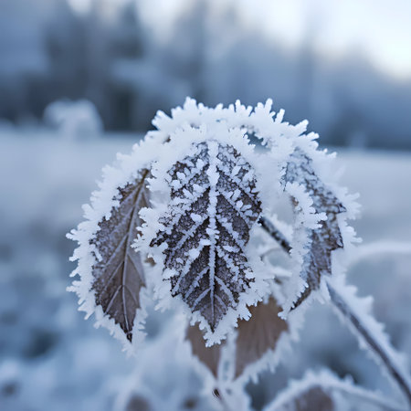 Frozen leaves in the winter forest. Beautiful winter landscape with frozen plants.の素材