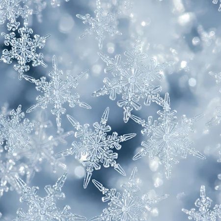 Macro of snowflakes on a blue bokeh backgroundの素材