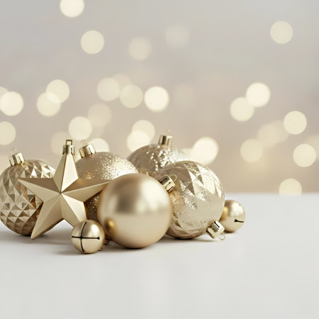 Golden christmas baubles on white background with bokeh effectの素材