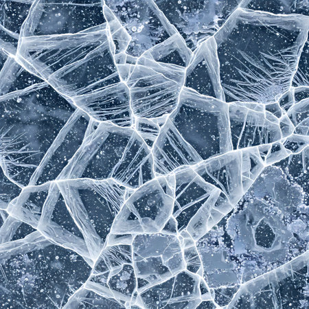 Cracked ice on the frozen lake. Abstract background for design.の素材