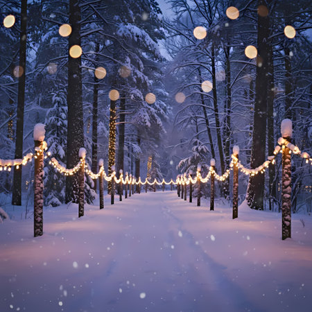 Beautiful winter landscape with snow covered trees and garland lights.の素材