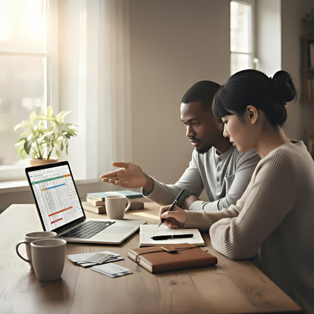 Business people working on laptop at table in office. Young black man and caucasian woman sitting at workplace. Teamwork conceptの素材