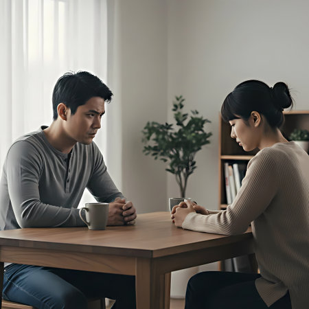Young asian couple sitting at the table and drinking coffee at homeの素材