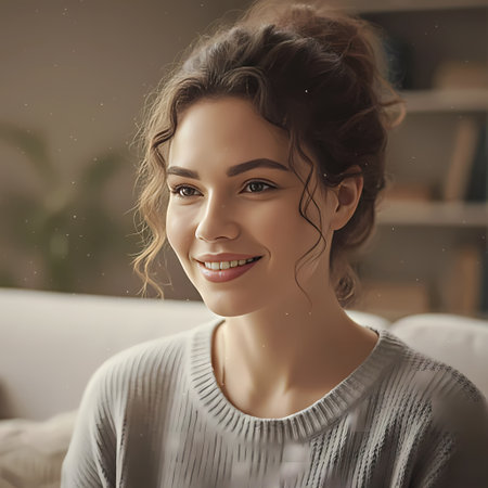 Beautiful young woman smiling and looking at camera while sitting on sofa at homeの素材
