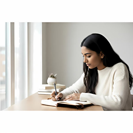 Young Asian woman writing on notebook while sitting at table in office.の素材